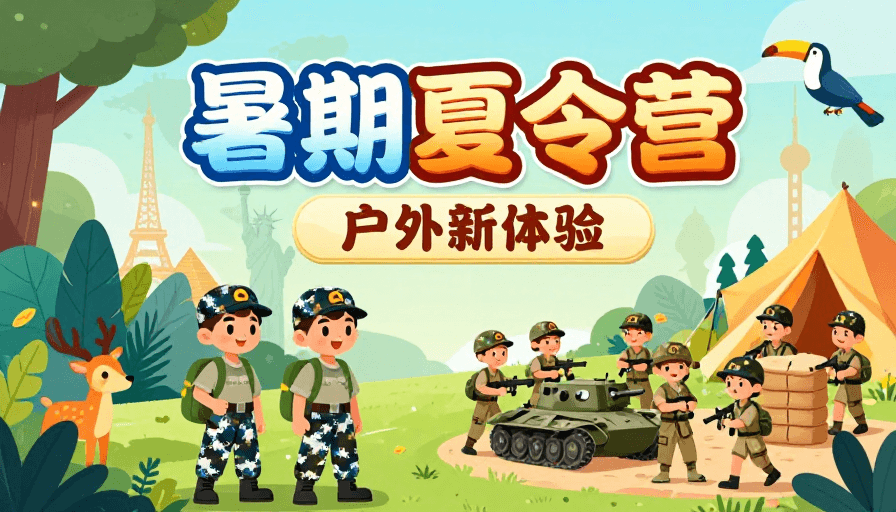儿童活动素材：全球探险·趣味训练：暑期夏令营卡通海报
