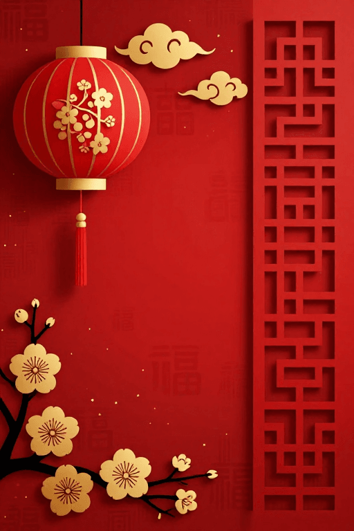 春节元素素材：红色剪纸宫灯祥云梅花福字背景