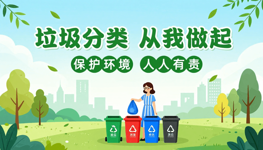 低多边形素材：清新扁平插画环保海报，倡导绿色生活与垃圾分类