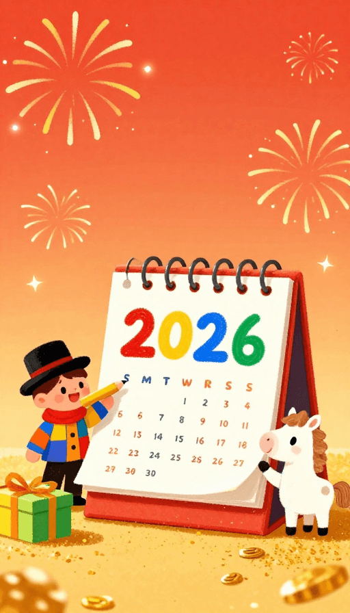 新年主题素材：2026新年手绘贺卡：温暖童趣插画