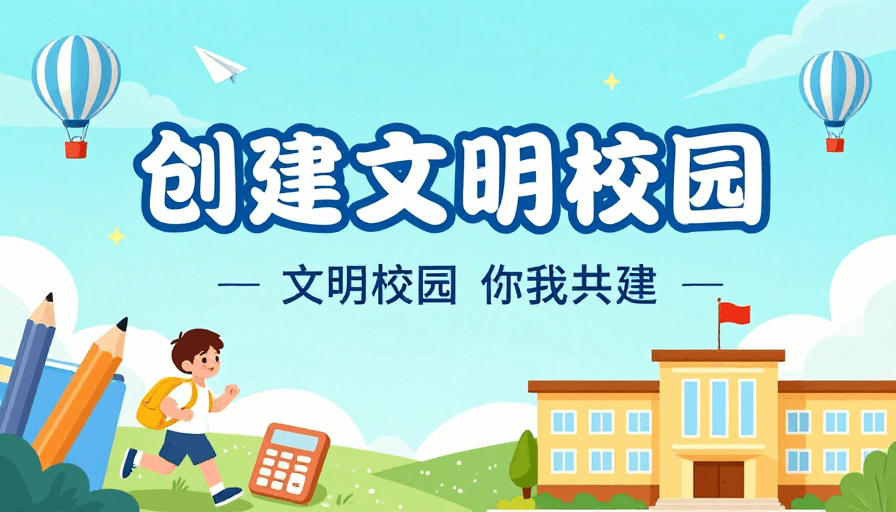 文具元素素材：清新校园文明宣传海报：扁平插画风格