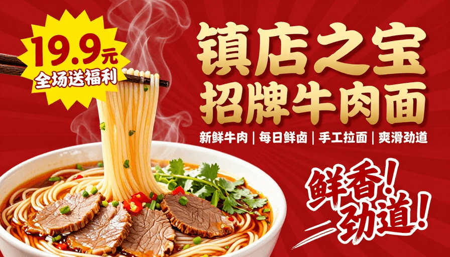 金色字体素材：热烈促销：金色‘镇店之宝’牛肉面广告