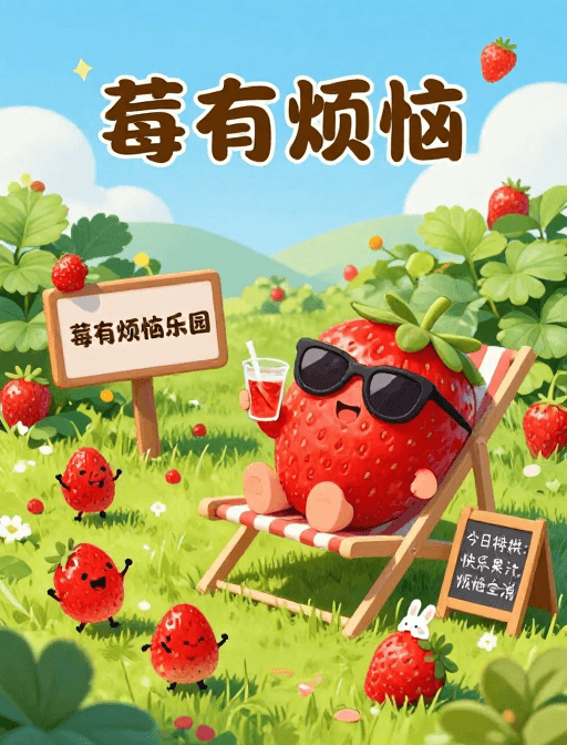 童趣风格素材：莓有烦恼趣图：阳光草莓园童趣插画治愈系