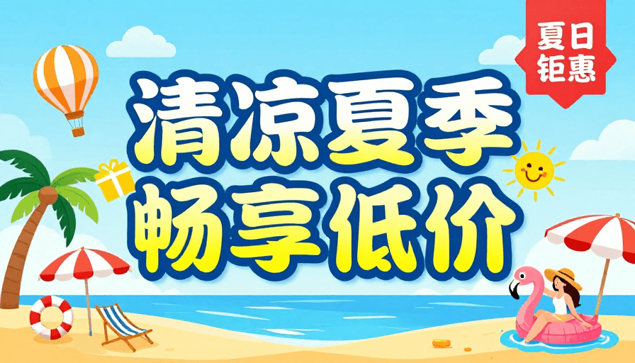 低价优惠素材：夏日清凉低价狂欢：清新海边促销插画海报