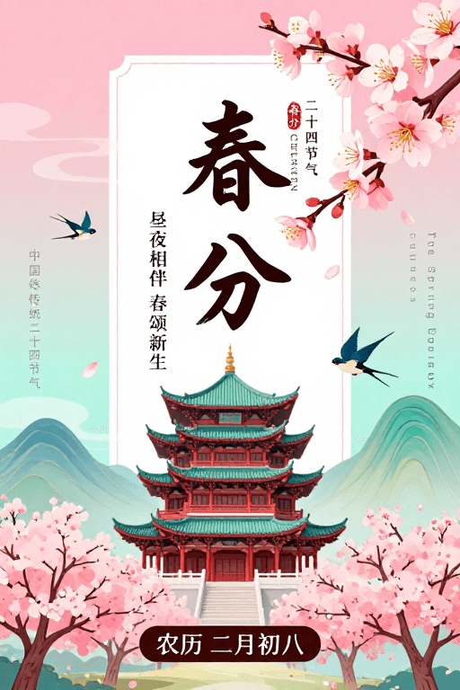 二十四节气素材：中国风春分海报：粉青渐变与樱花燕子共绘春日生机