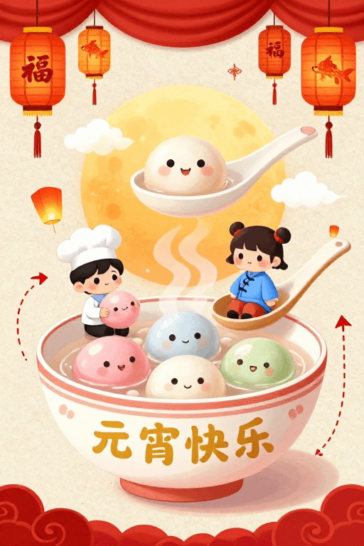 元宵节素材：元宵佳节卡通汤圆国风插画