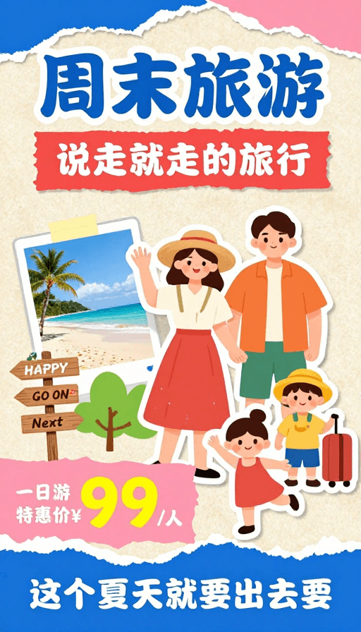 促销特惠素材：手绘夏日旅行：趣味手撕纸周末海报