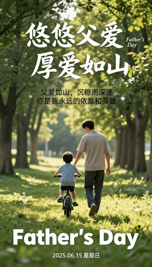 林间小径素材：父亲节亲子温情海报：暖光林间背影