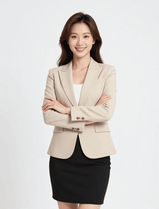 纯白背景素材：职场女性优雅风采：米色西装与自信微笑