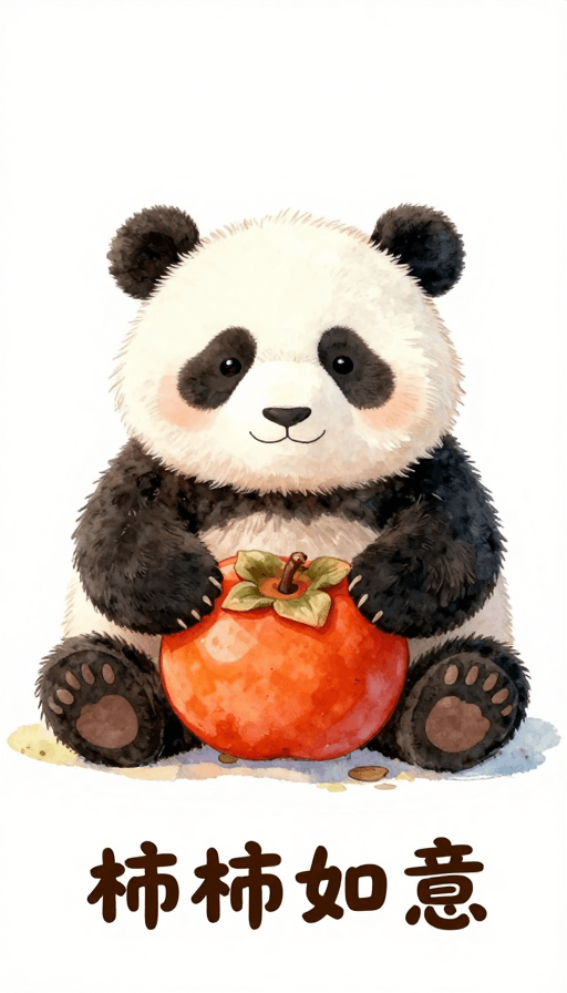 极简背景素材：萌熊抱红柿：治愈系水彩插画