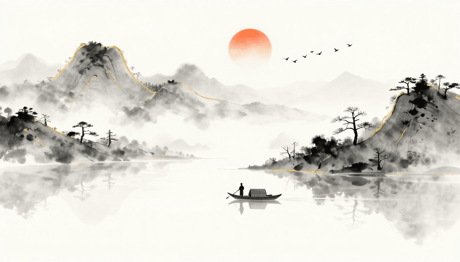 留白意境素材：新中式水墨山水与金箔意境背景