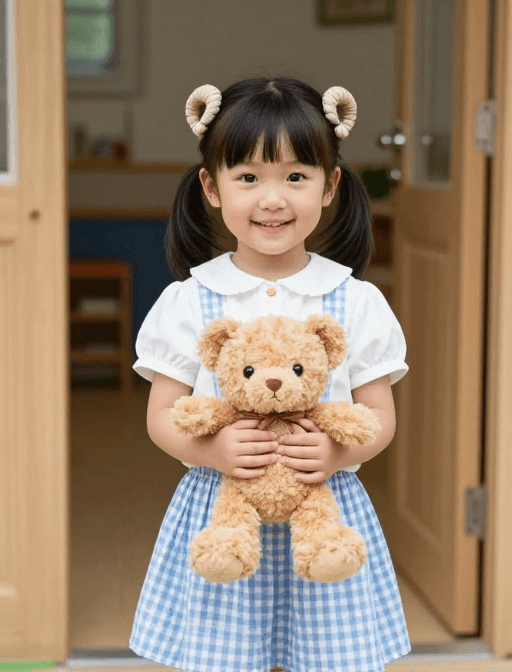 童趣摄影素材：天真可爱的羊角辫女孩在幼儿园门口的瞬间