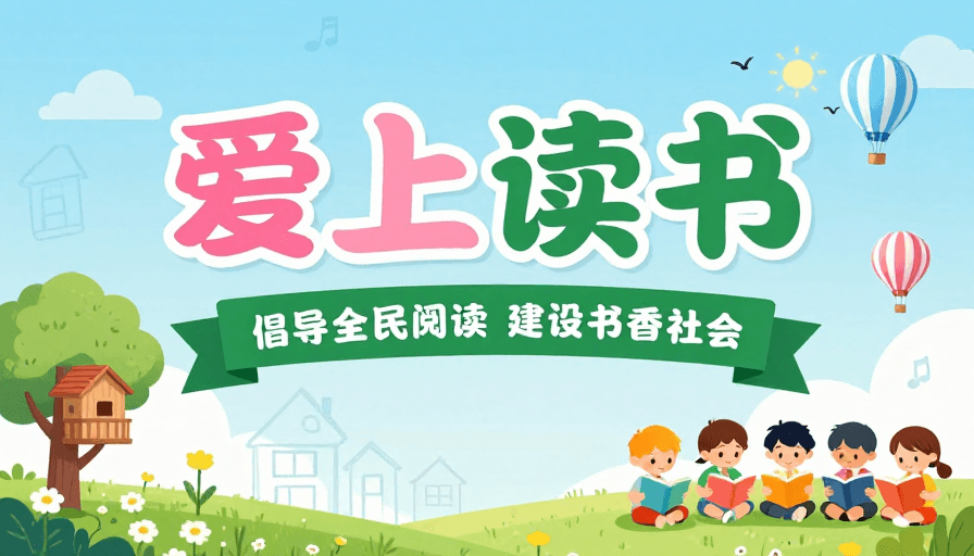 全民阅读素材：清新插画风儿童公益海报：爱上读书推广全民阅读