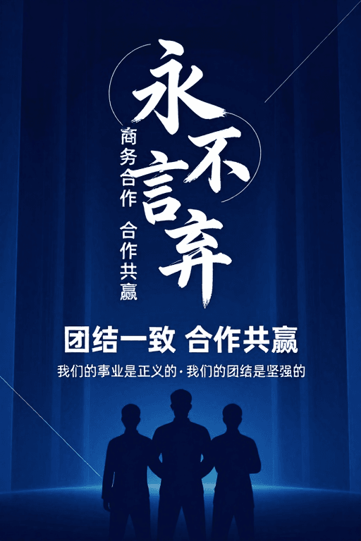 现代商务素材：永不言弃：科技书法融合的企业精神海报