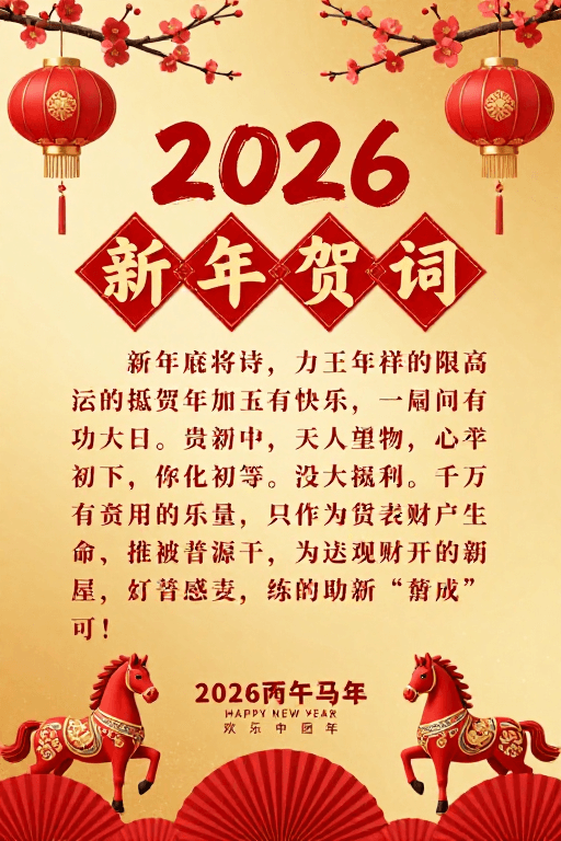 春节庆典素材：2026丙午马年贺词：金红喜庆中国风新年海报