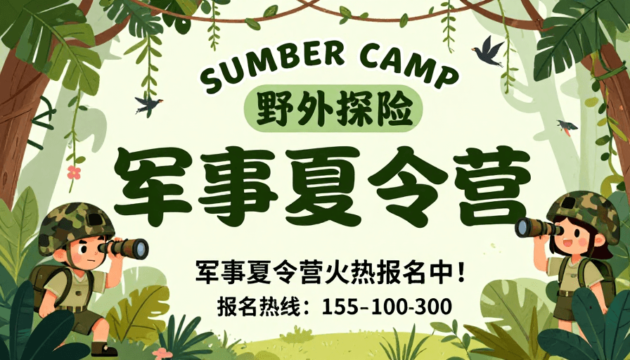 萌系卡通素材：趣味军事夏令营宣传手绘海报