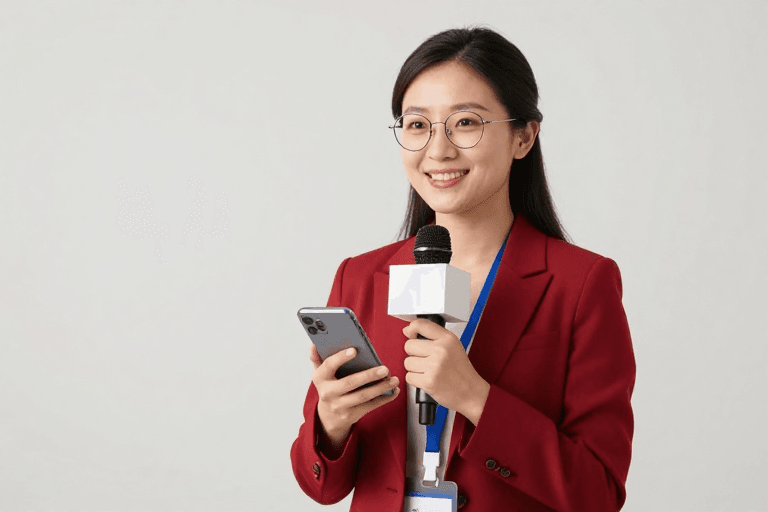 专业形象素材：亚洲女主持专业形象摄影：红色西装与暖光质感