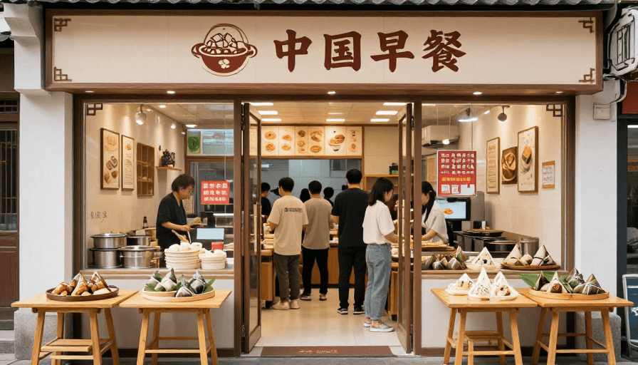 中式早餐素材：中式早餐热闹开张，美味粽子迎客来