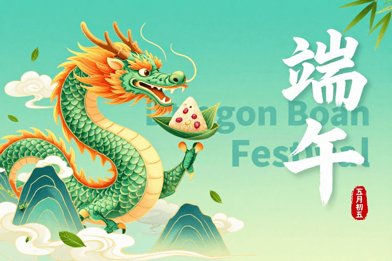 节庆宣传素材：端午庆典：青绿神龙腾飞插画