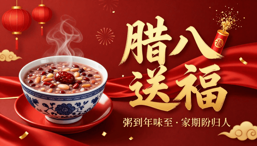 春节元素素材：腊八节喜庆海报：热粥送福迎年味