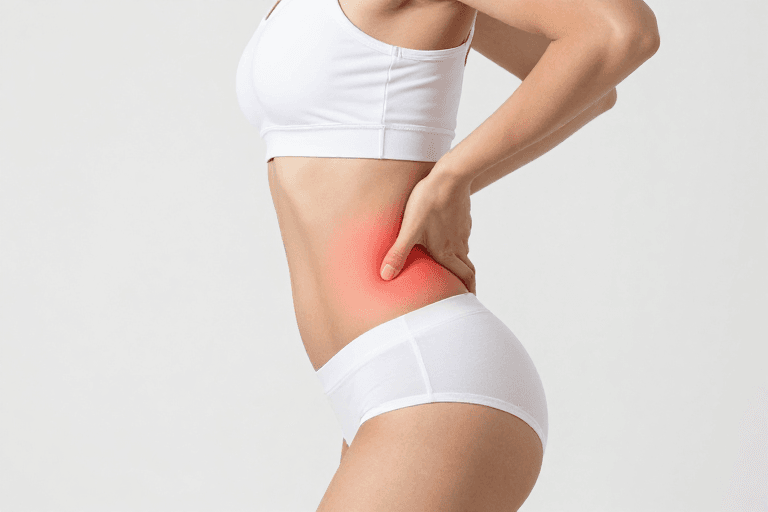 健康医疗素材：女性腰部疼痛护理：专业摄影呈现健康解决方案