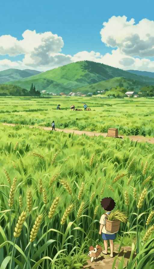 插画艺术素材：宫崎骏风治愈麦田：孩童奔跑与劳作农民侧影