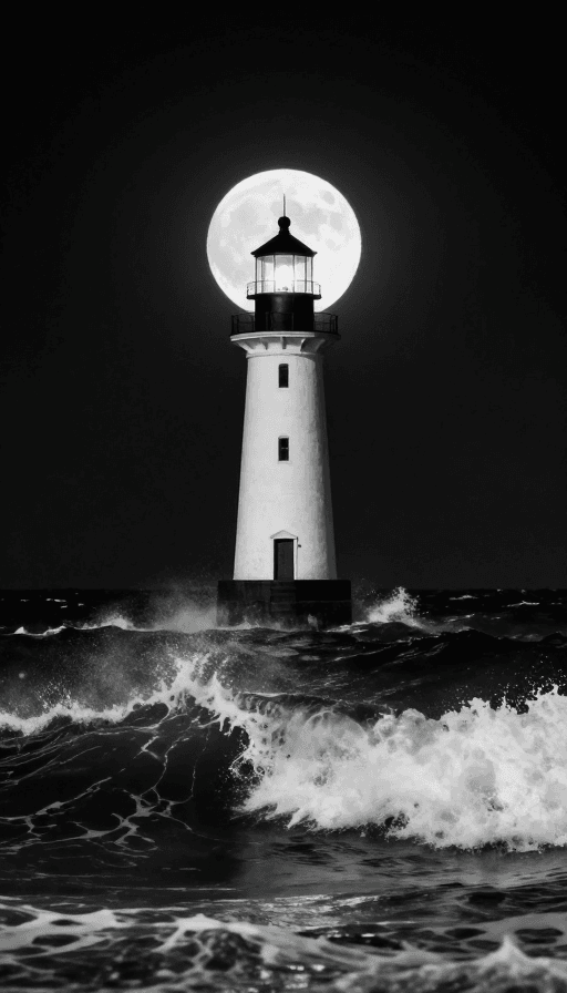 海浪素材：暗夜灯塔：黑白光影下的希望与坚守