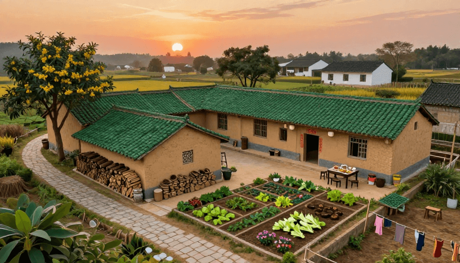 农家小院素材：夕阳治愈：70年代乡村小院温情插画