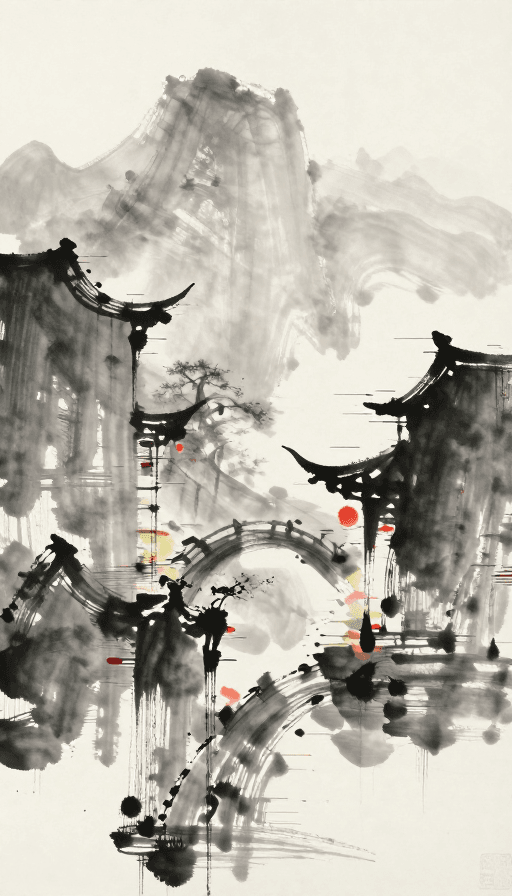 中国传统文化素材：水墨故障艺术：中国风与科技视觉的诗意碰撞