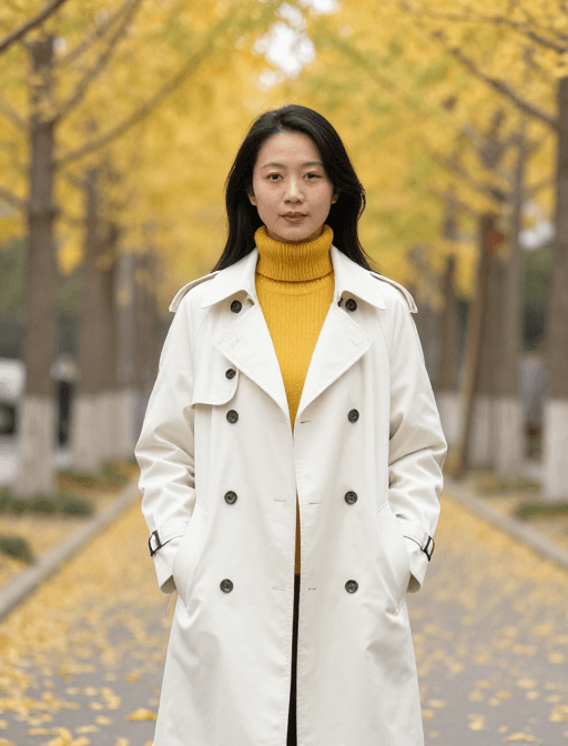中国女性素材：银杏大道上的鹅黄风衣女子：秋日优雅人像