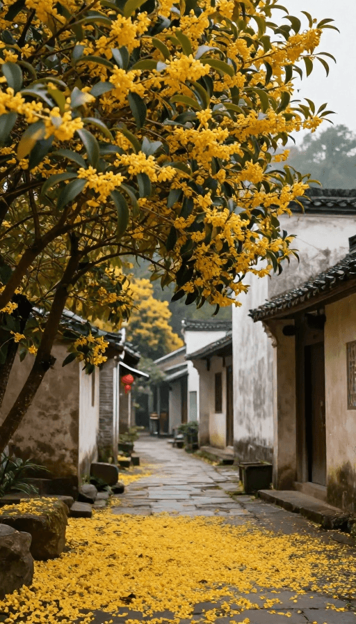 桂花素材：金秋桂影：古村沉醉于花香与落叶之美