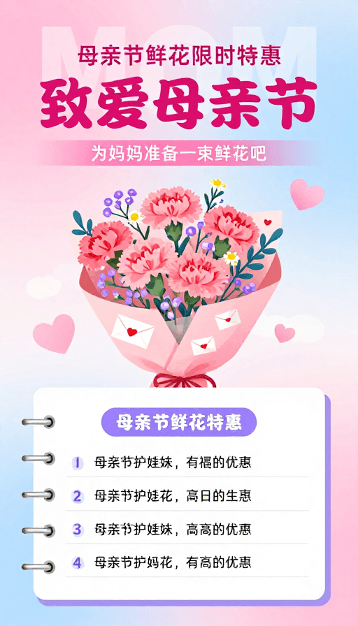 温馨插画素材：母亲节鲜花创意插画海报：温馨特惠宣传