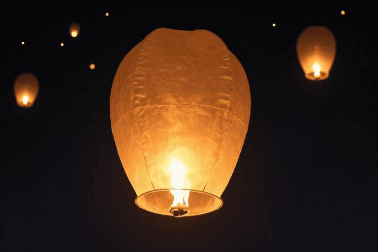 孔明灯素材：夜空孔明灯升空，温暖光影点亮节日氛围