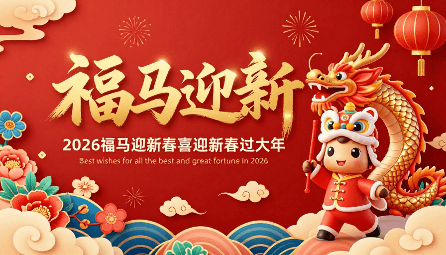 3D插画素材：金红撞色中国风2026福马迎新春海报