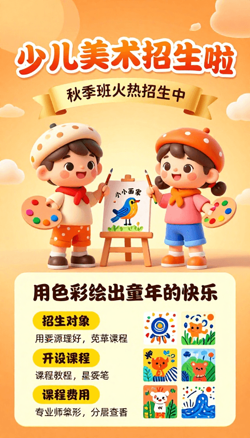 秋日氛围素材：童趣秋招·3D卡通少儿美术招生海报