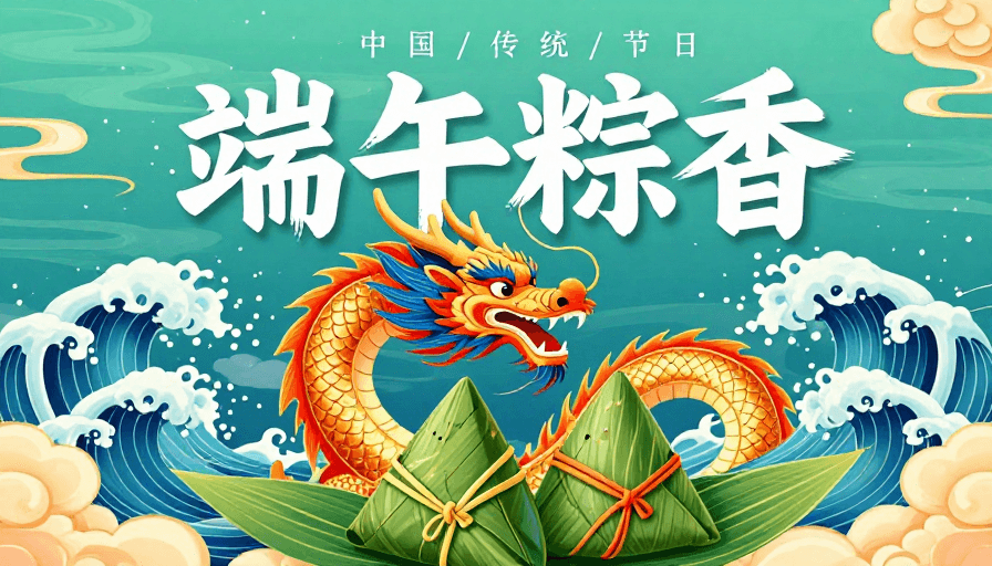 端午节素材：端午国风插画：金龙腾跃，粽香四溢