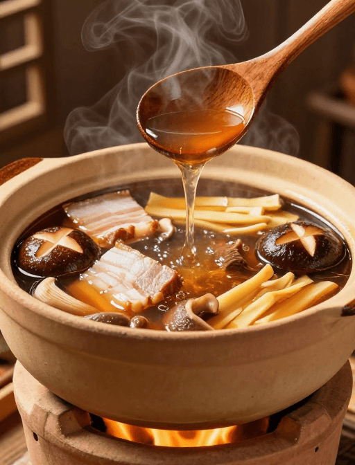 中式料理素材：中式砂锅菌菇肉汤热气腾腾