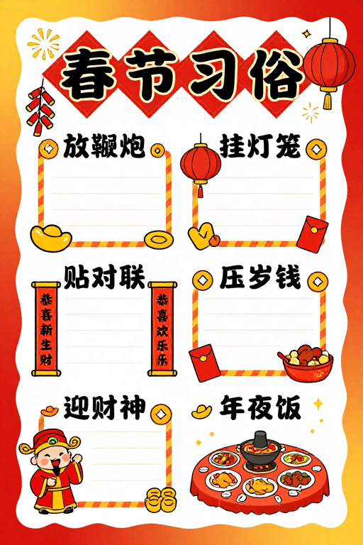 儿童教育素材：喜庆春节习俗手绘宣传图