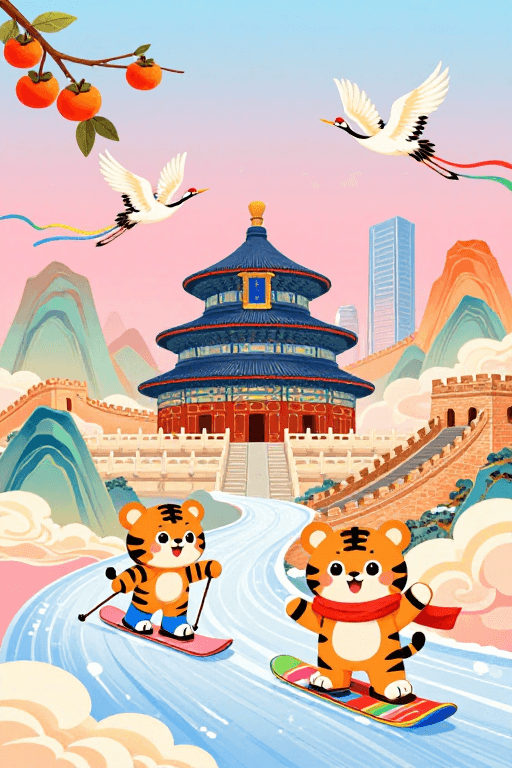 文化融合素材：粉蓝童话风：传统建筑与童趣滑雪的梦幻融合