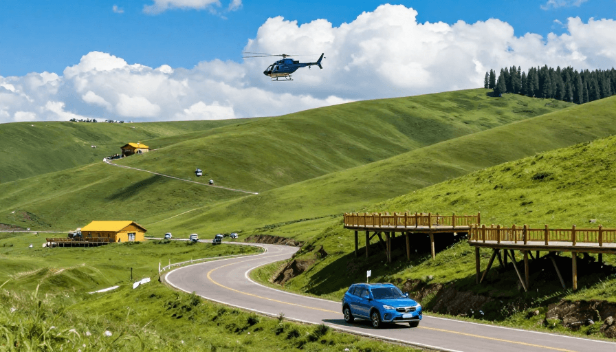公路风景素材：青翠山径上的蓝色SUV：高原风光与宁静之旅