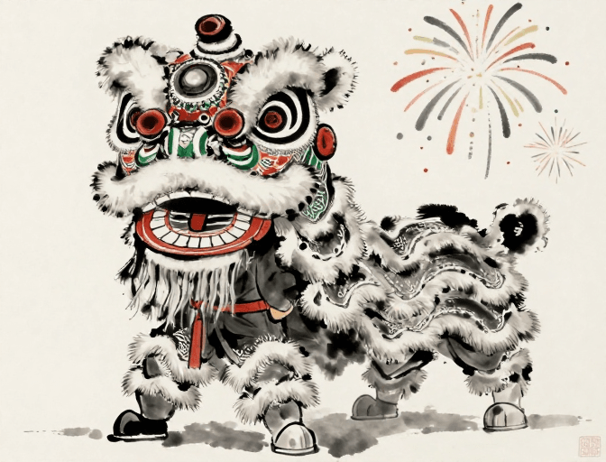 二次元素材：水墨动画：少年与醒狮的新年绽放