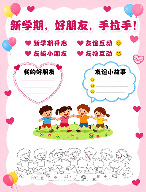 卡通设计素材：粉嫩校园手绘海报：新学期友谊手拉手