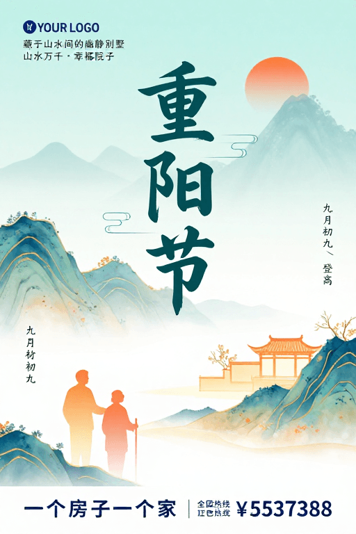 重阳节素材：金秋重阳：水墨山水间的传统佳节祝福