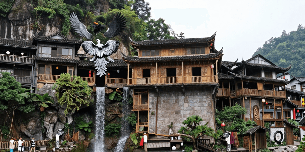 悬崖景观素材：凤凰筑崖：部落奇幻建筑与流水的梦幻邂逅