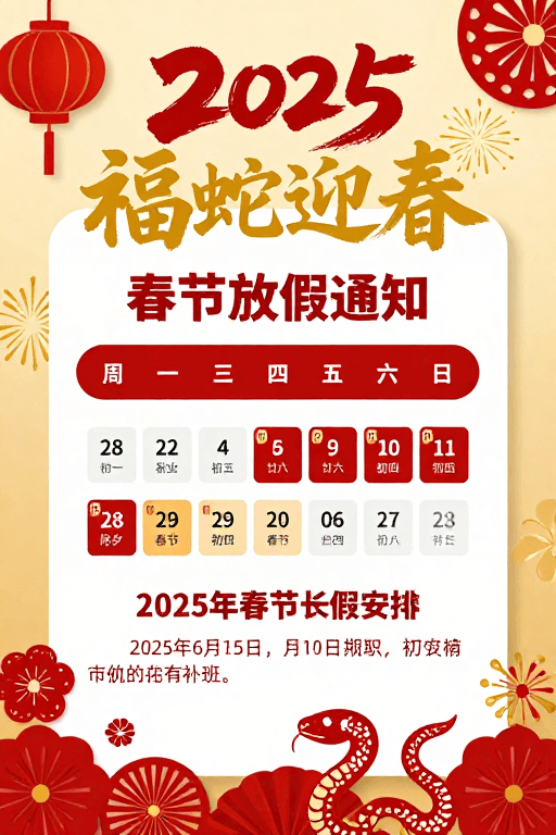 传统红金配色素材：2025乙巳蛇年春节放假通知海报