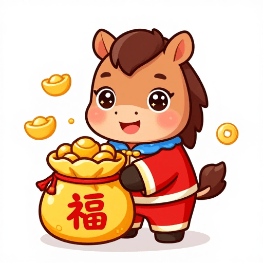 吉祥物设计素材：喜庆吉祥的卡通马：身穿红服抱金元宝，福运满满