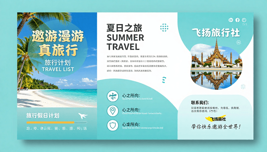 蓝绿渐变素材：现代简约旅游宣传三折页：蓝绿清新，畅享环球之旅
