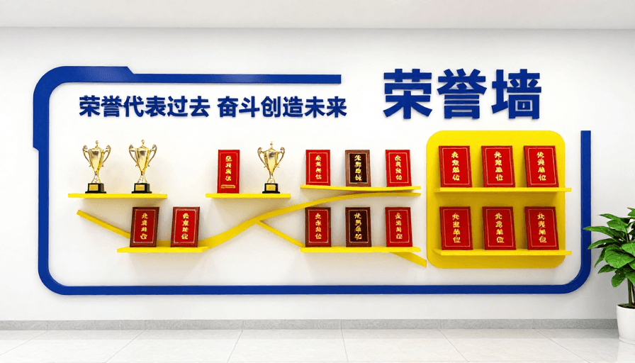 蓝黄白配色素材：现代企业荣誉墙：蓝黄白配色专业展示设计