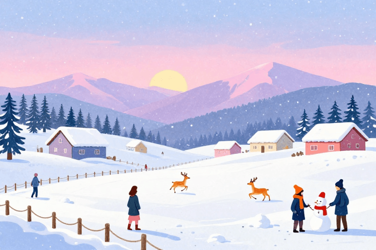 渐变天空素材：冬日梦幻雪景插画，温暖落日与童话小屋