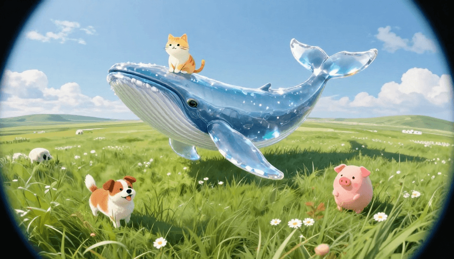 梦幻色彩素材：水晶鲸鱼载萌兽穿越天空草原的梦幻画卷